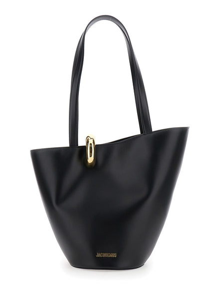 Jacquemus Women 'Le Bambola' Black Medium Shoulder Bag With Impressed Logo Lettering On The Front And Ring Closure On The Front In Leather For Women
